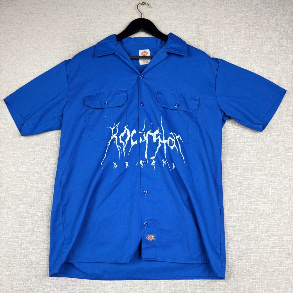 Dickies Mens M Generation Trill Work Shirt Blue Short Sleeve Graphic Button Up
